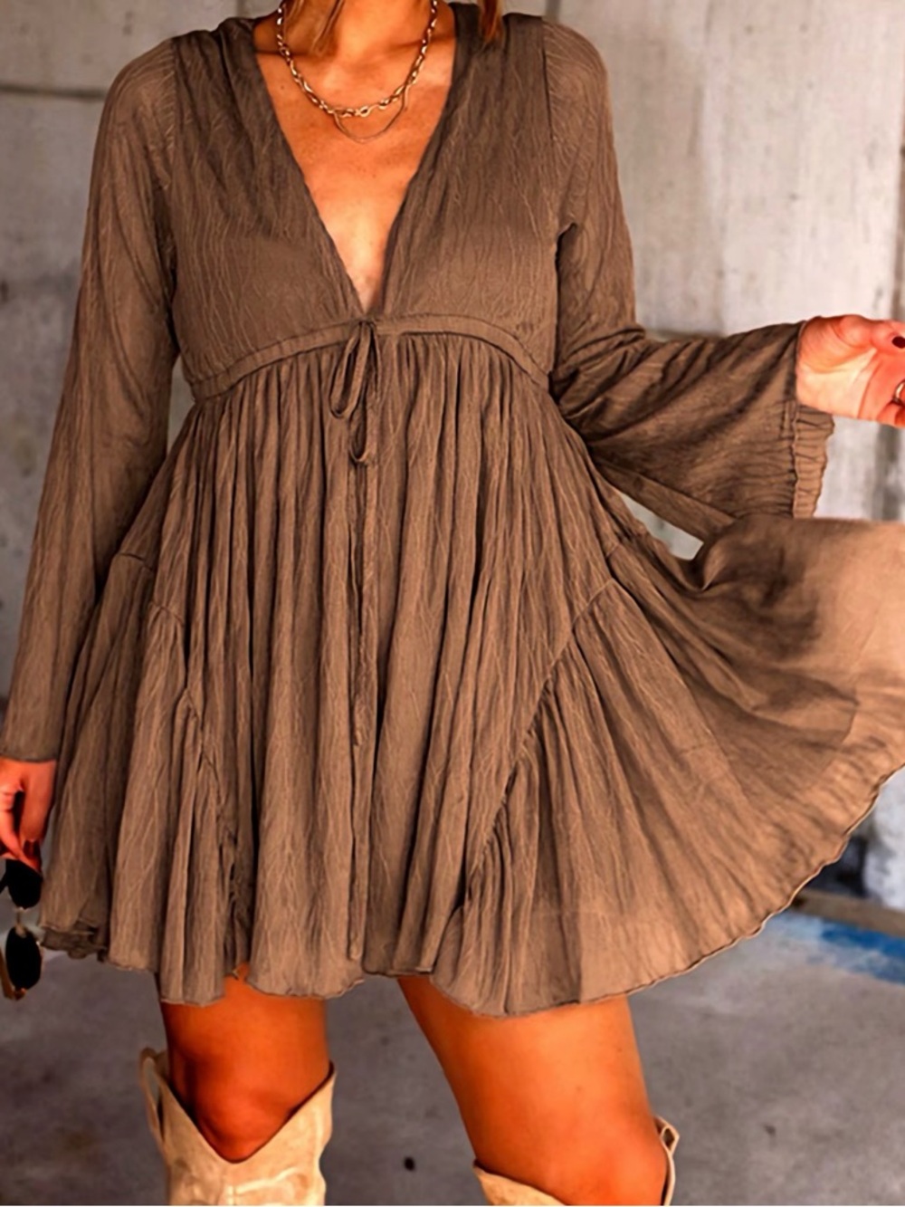 Flowy Brown V-Neck Long Sleeve Mini Dress